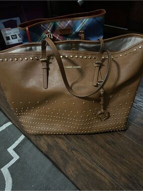 Michael Kors Brown Studded Tote with Logo Charm